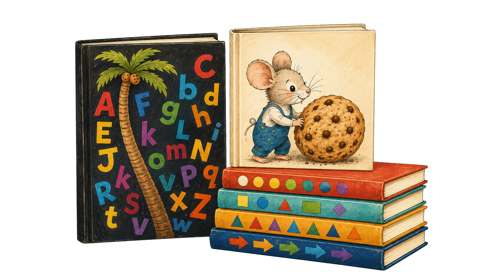 Colorful children's storybooks: a mouse with a chocolate-chip cookie, an alphabet book with a palm tree, and stacked books decorated with shapes, patterns, and arrows